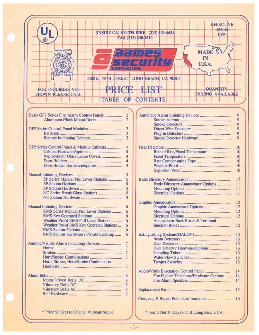 Aames Security Corporation price list, effective October 1991