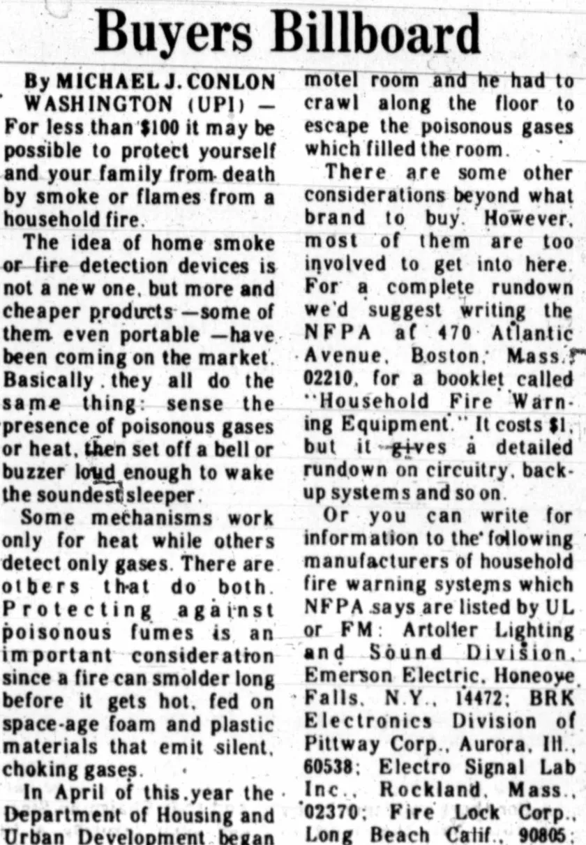 1974 Buyers Billboard newspaper column listing Fire Lock Corp., Long Beach
