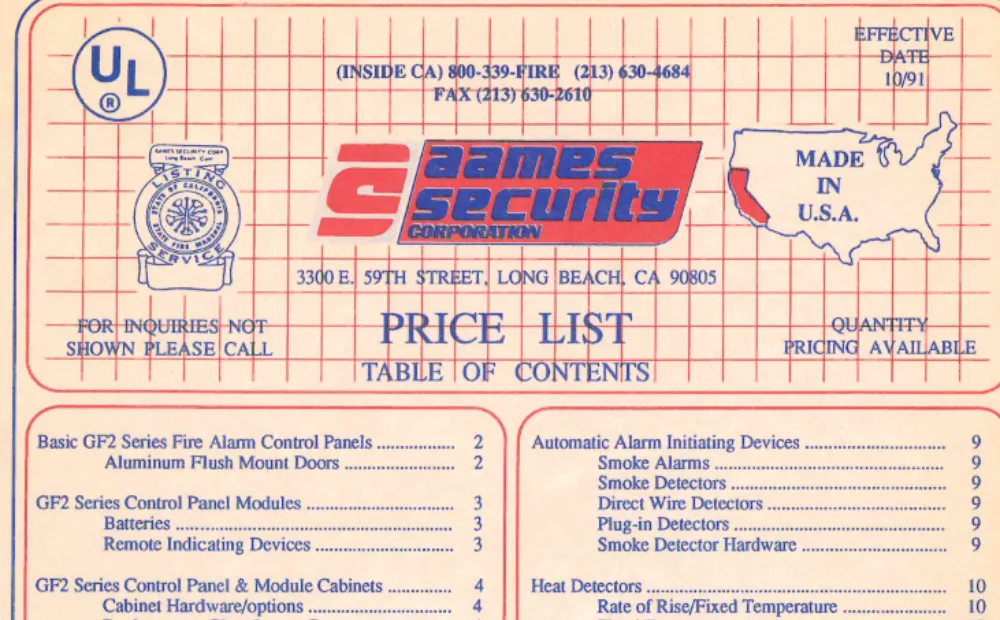 Aames Security price list header, effective October 1991